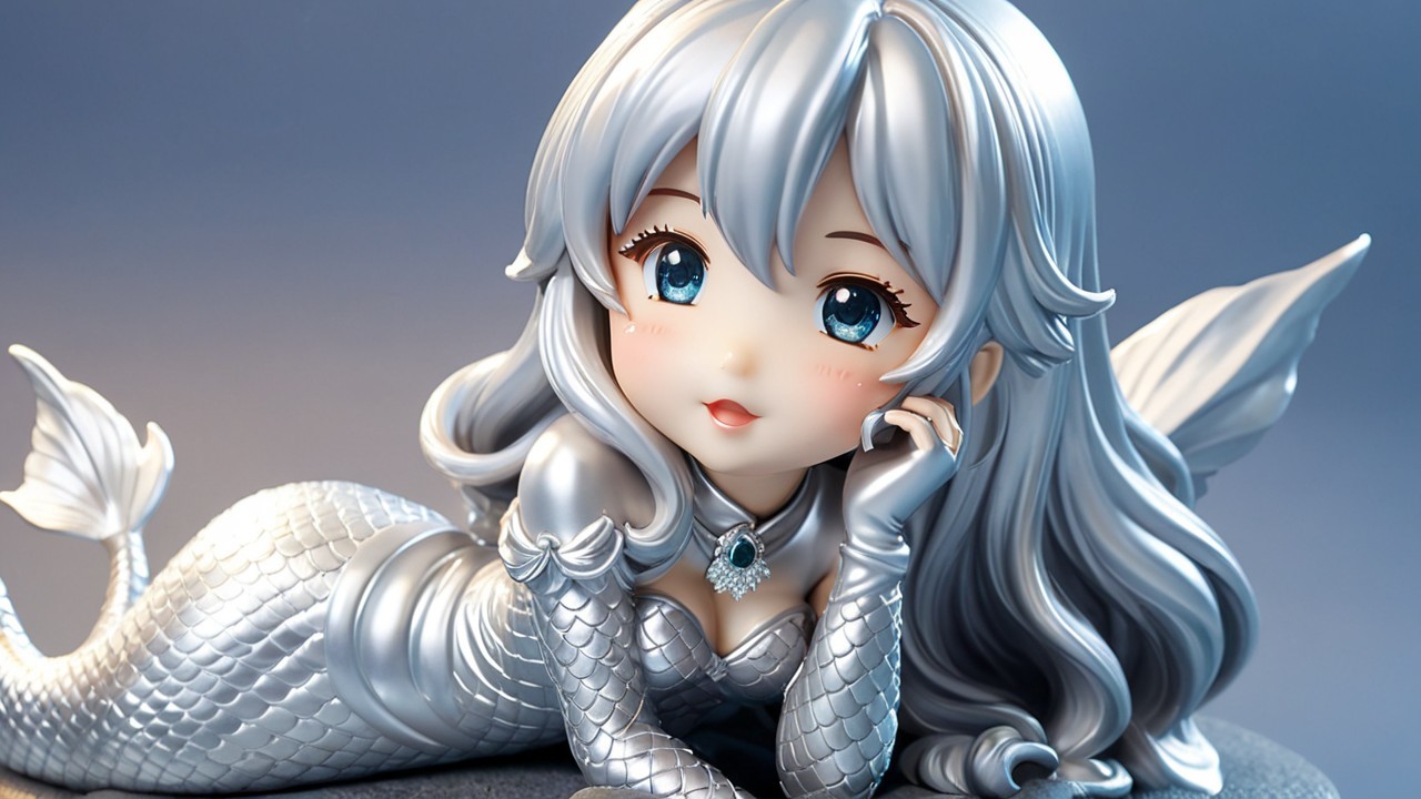 Silver-Haired Mermaid with Blue Eyes in Playful Pose