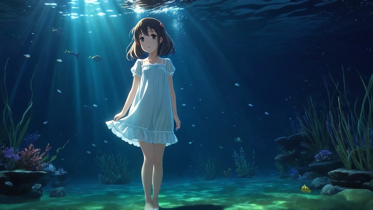 Young girl in white dress underwater with marine life