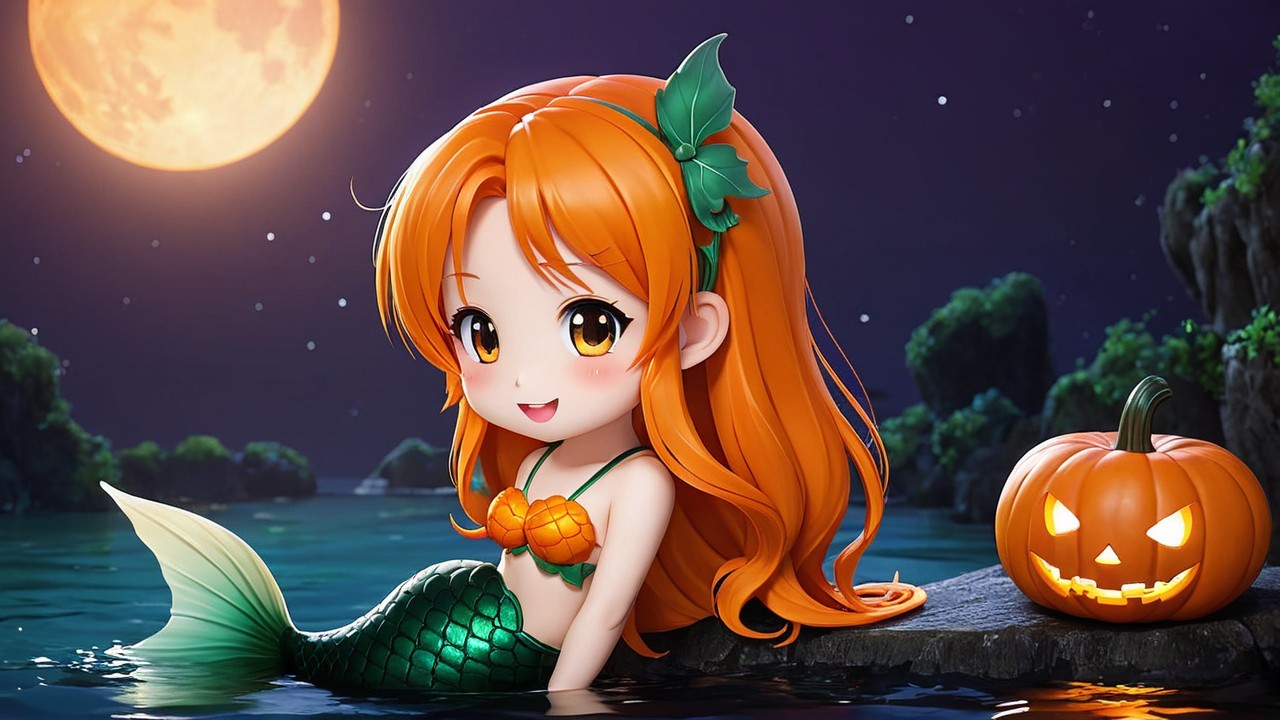 Mermaid with Orange Hair in Moonlit Halloween Scene