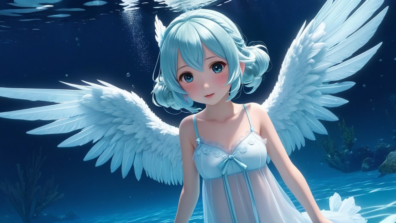 Underwater Scene of a Girl with Blue Hair and Wings