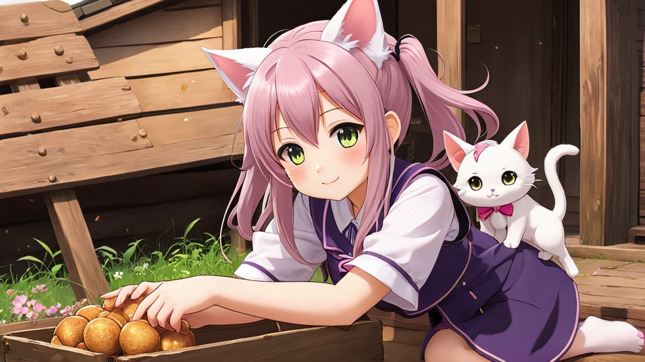 Cheerful girl with cat ears and pink hair by crate
