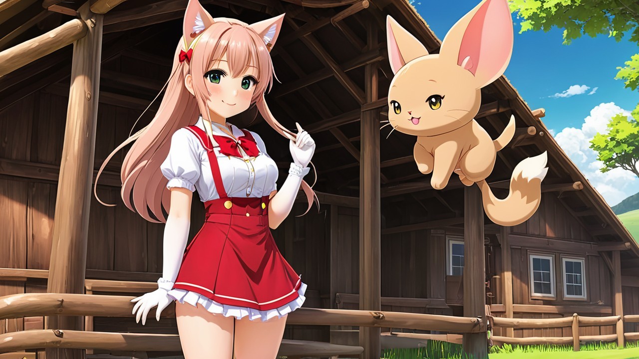 Girl with Pink Hair and Fox Creature by Cabin
