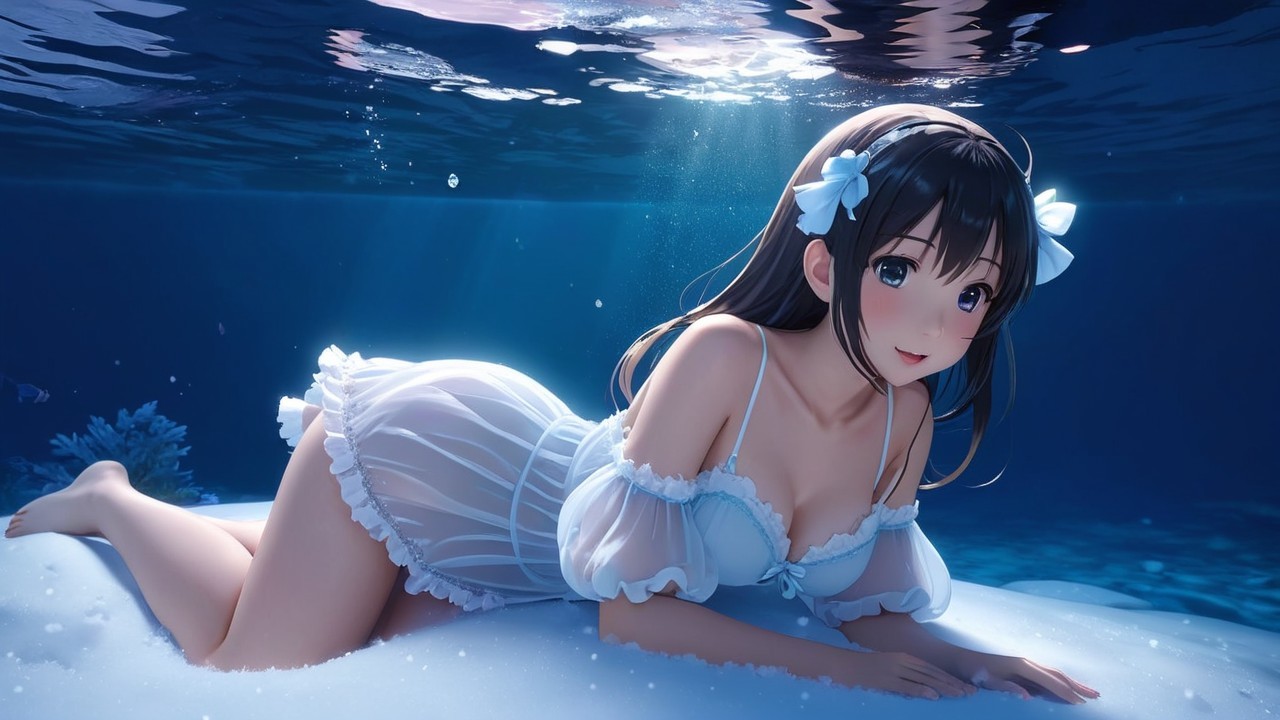 Underwater Scene of Woman in White Outfit with Light Rays