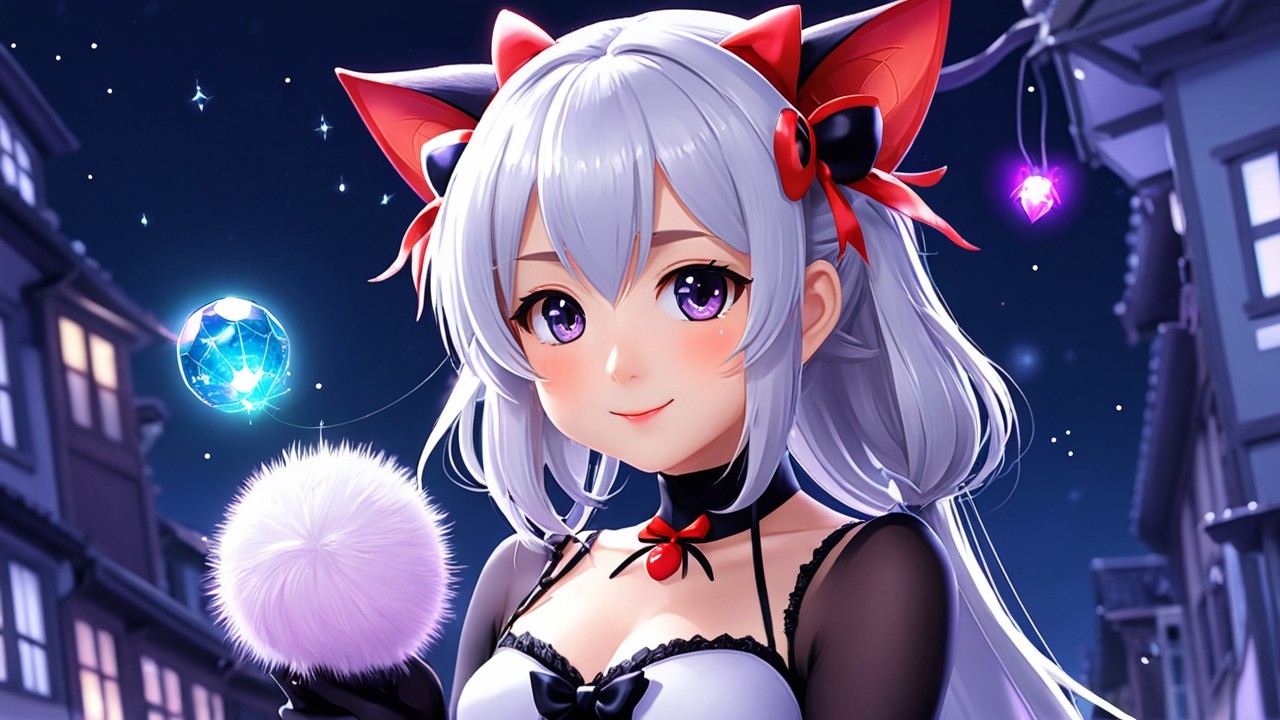 Young girl with silver hair in whimsical nighttime scene