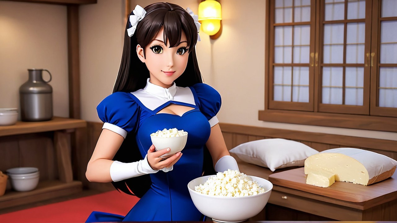 Character in Blue Dress with Popcorn in Cozy Kitchen