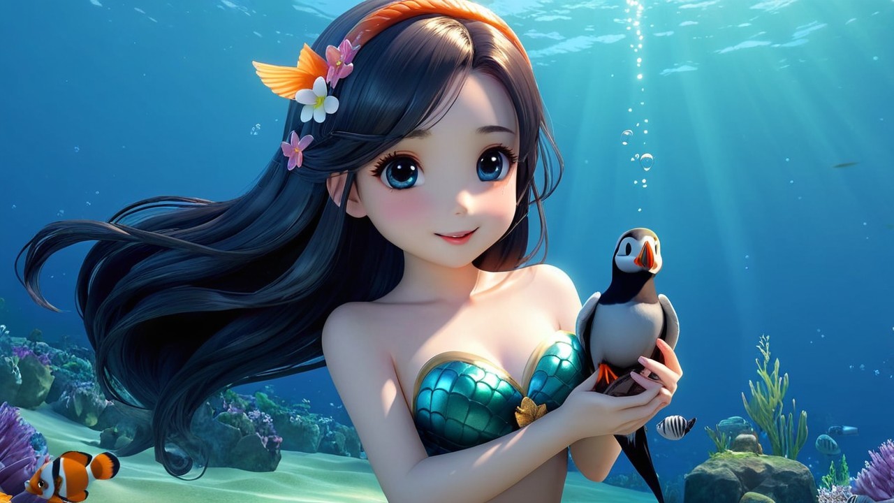 Vibrant Underwater Scene with Mermaid and Penguin
