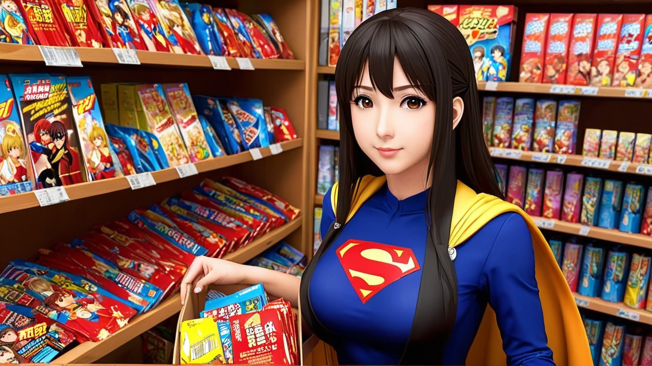 Young Woman in Superhero Costume in Colorful Store Aisle