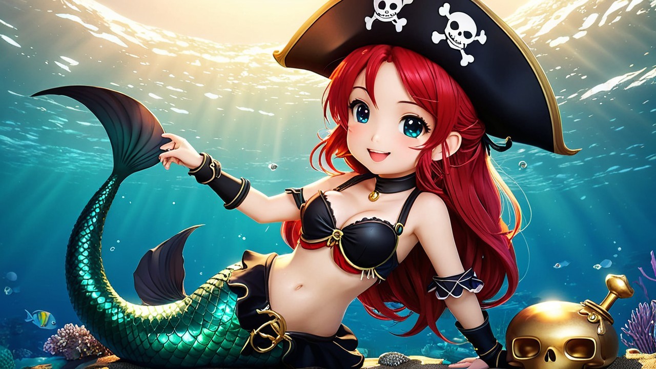 Mermaid with Red Hair and Pirate Hat Underwater Scene