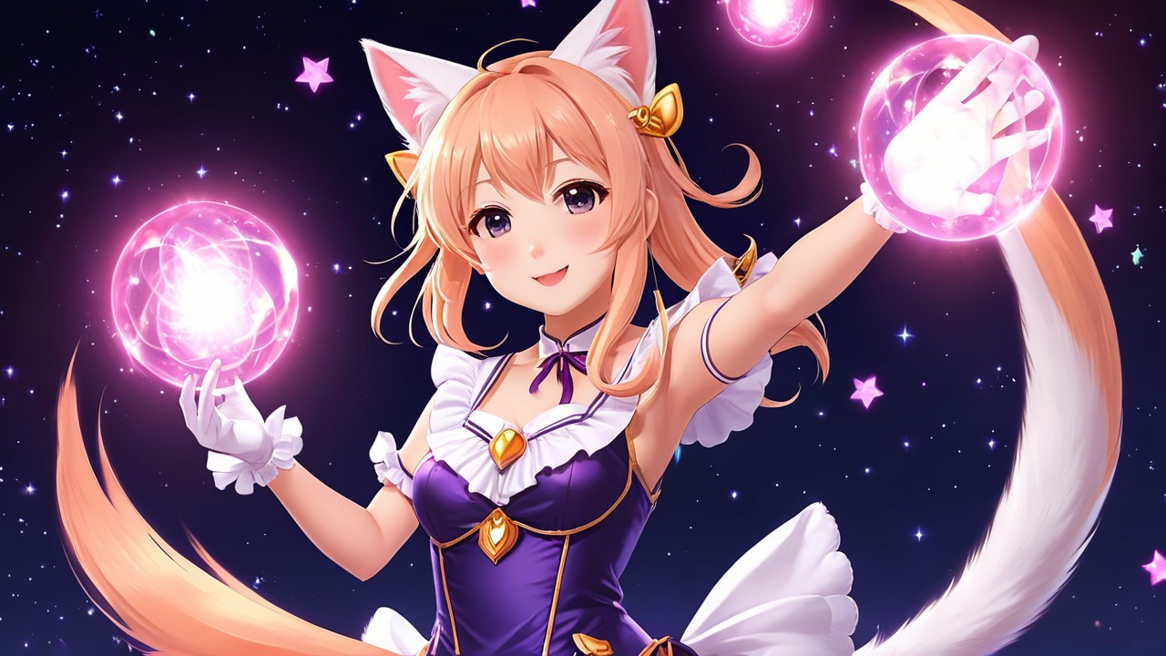 Fantasy Character with Cat Ears and Magic Orbs