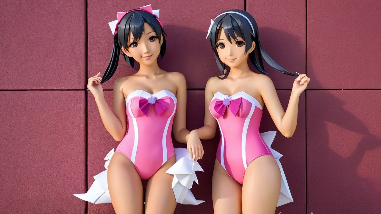 Anime-style figures in pink swimsuits with ribbons