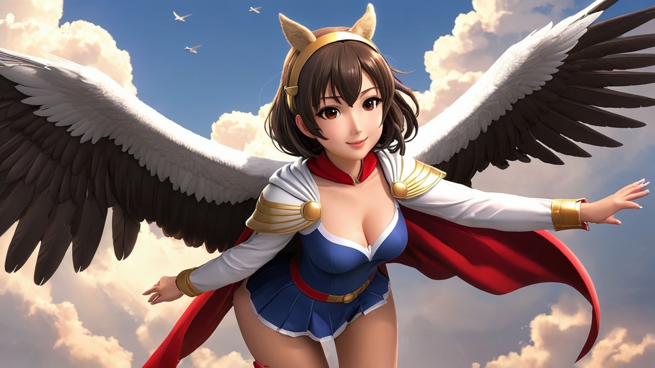 Character with White Wings in Vibrant Costume Soaring