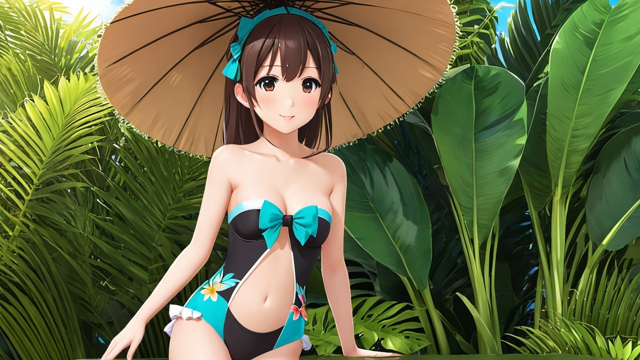 Cheerful Anime Character in Stylish Summer Swimwear