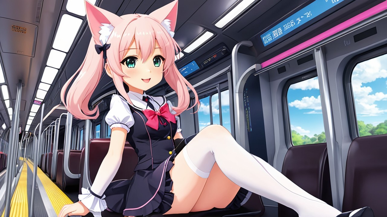 Anime Character with Cat Ears on Train Seat