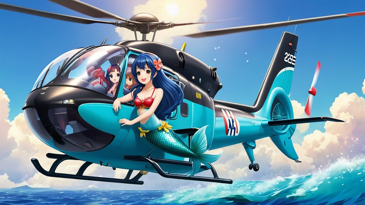 Turquoise Helicopter with Mermaid Over Ocean Scene