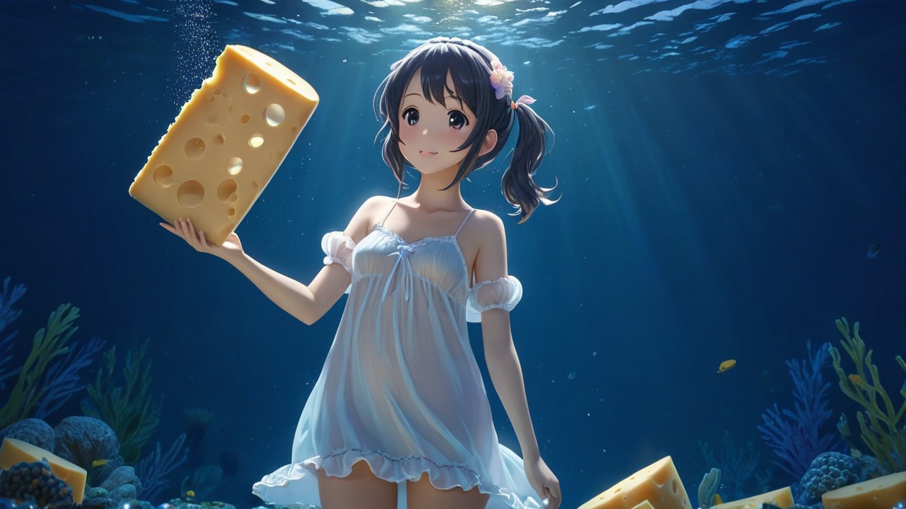Young girl underwater with cheese and colorful corals