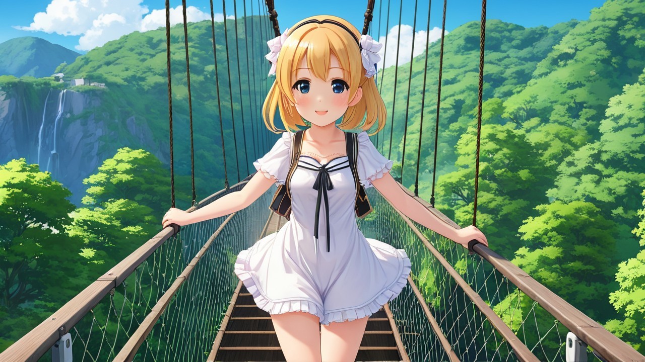 Cheerful anime girl on a scenic suspension bridge