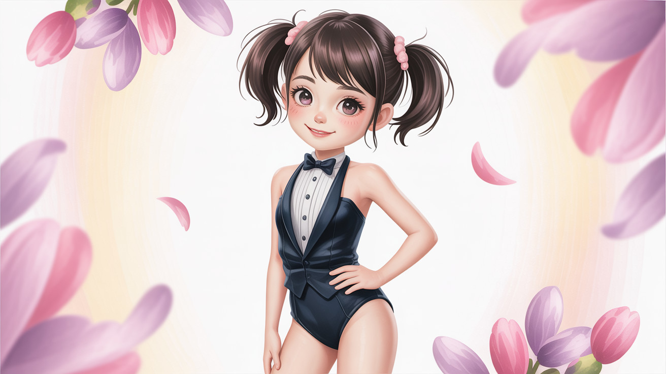 Animated girl in tuxedo with flower petals background