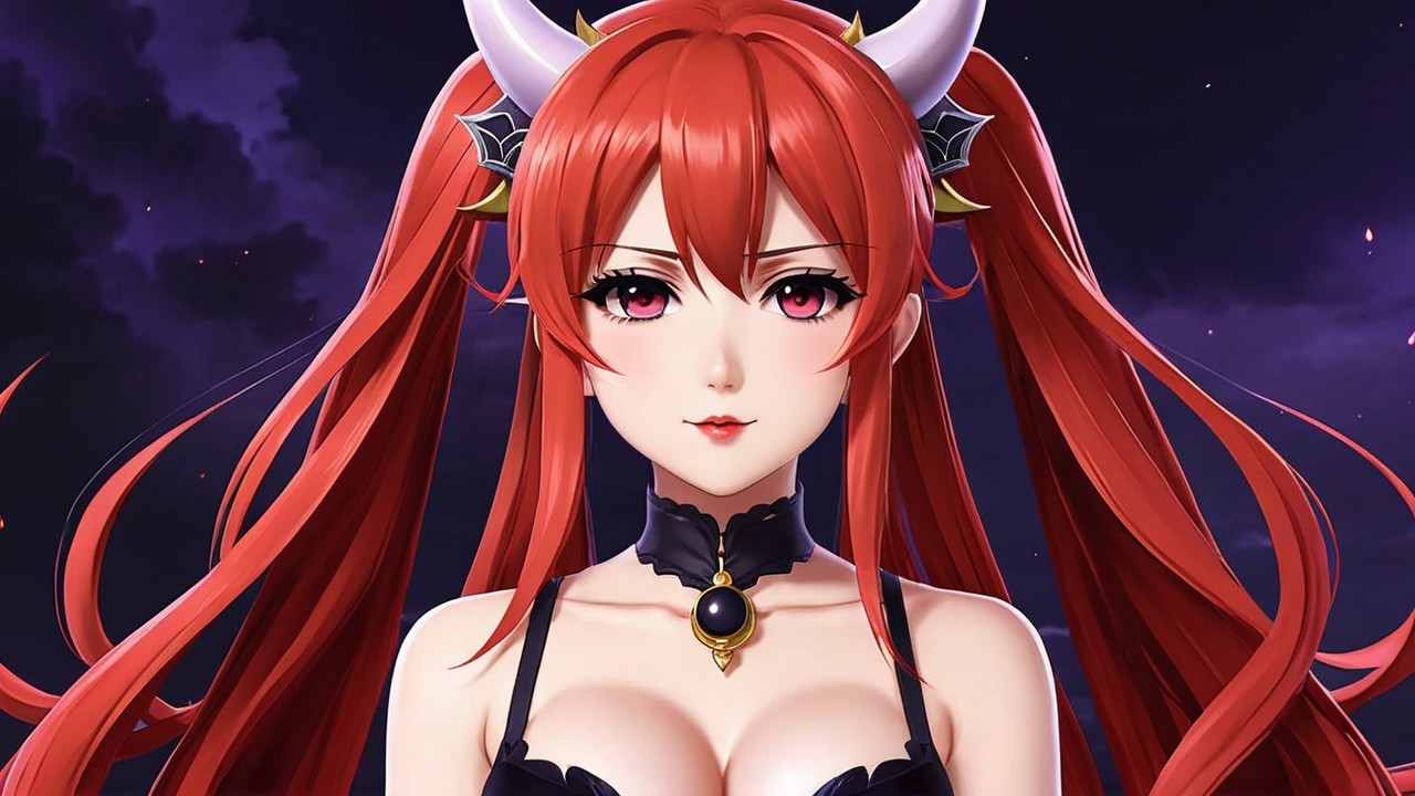Character with Red Hair, Horns, and Dark Outfit