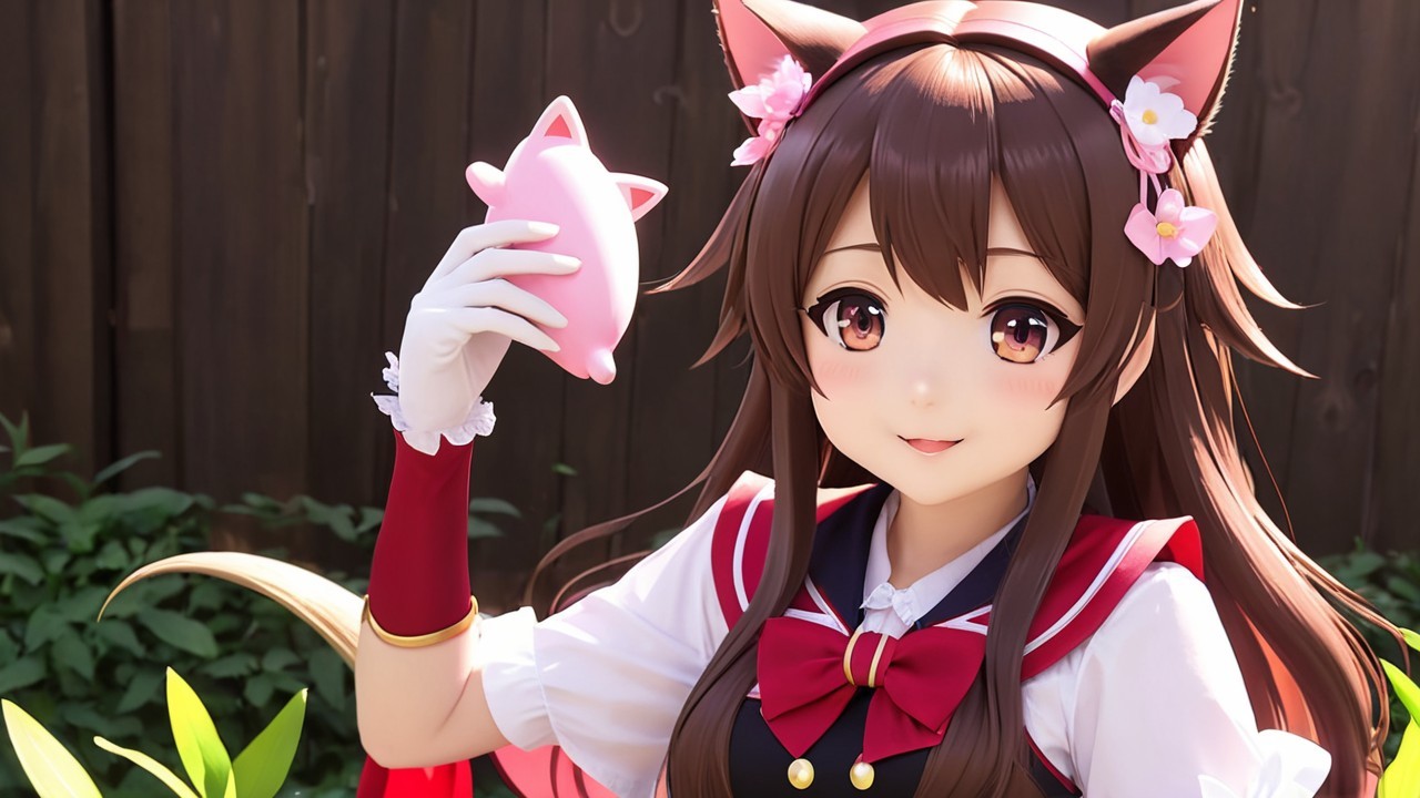 Cheerful anime character with cat ears and pig toy