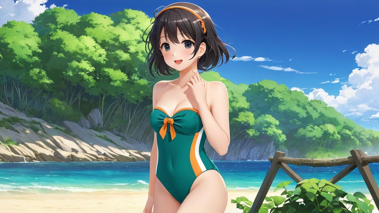 Cheerful Animated Girl at a Vibrant Beach Scene