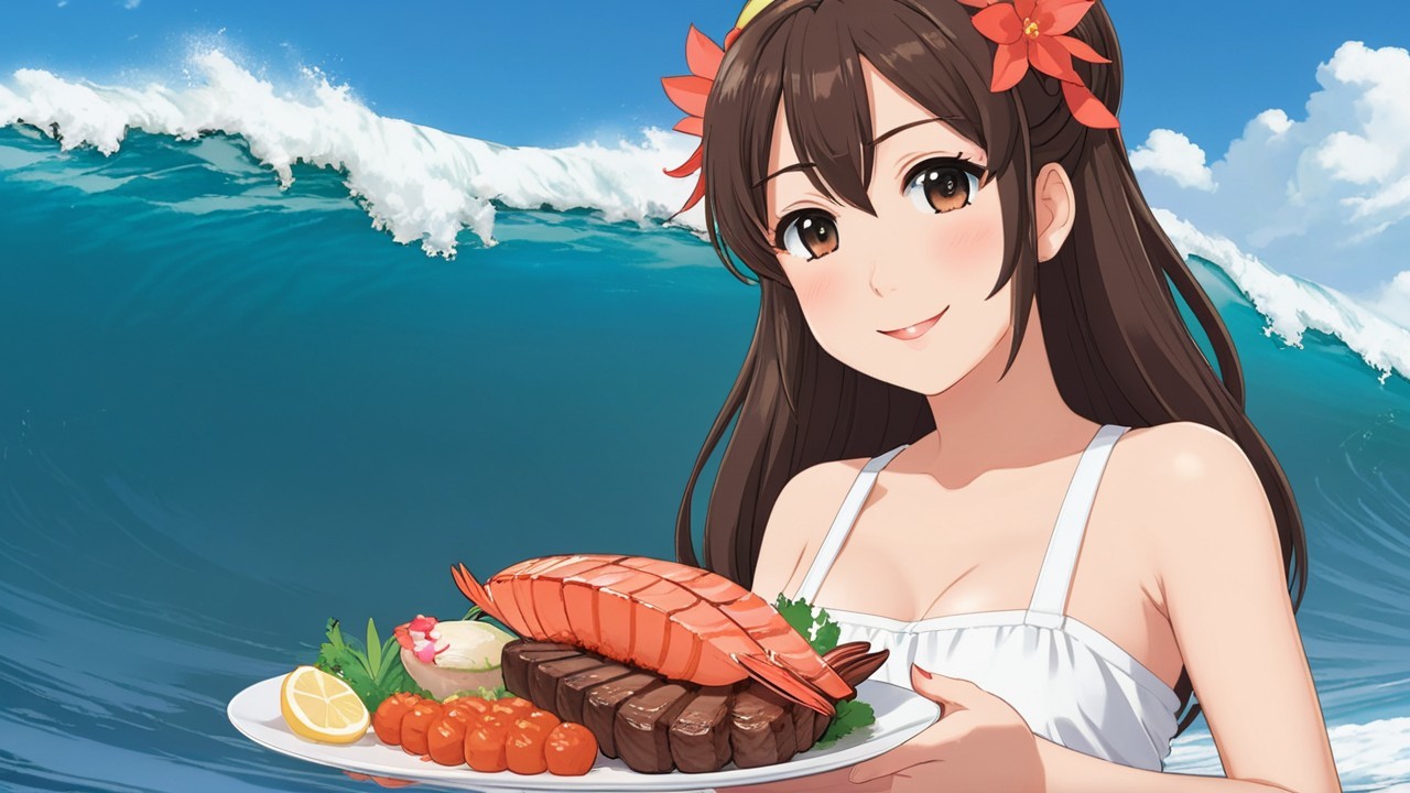 Cheerful anime girl with seafood platter by ocean