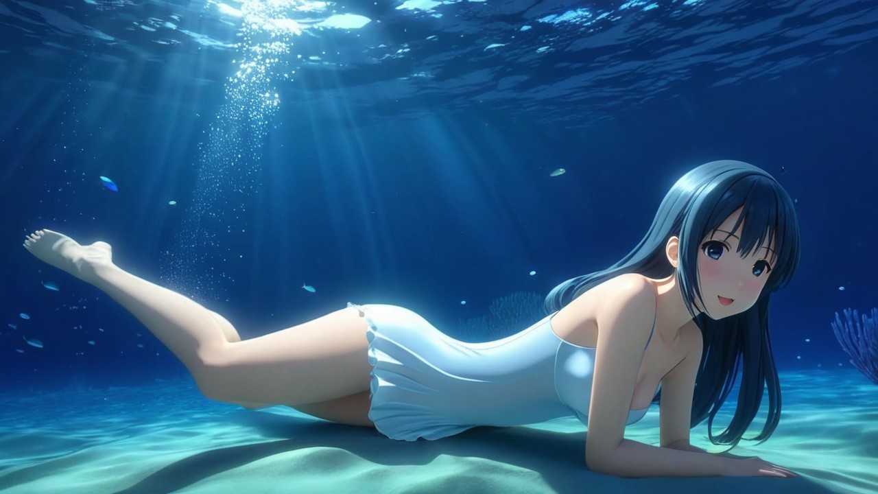 Underwater Scene of Woman in White Swimsuit