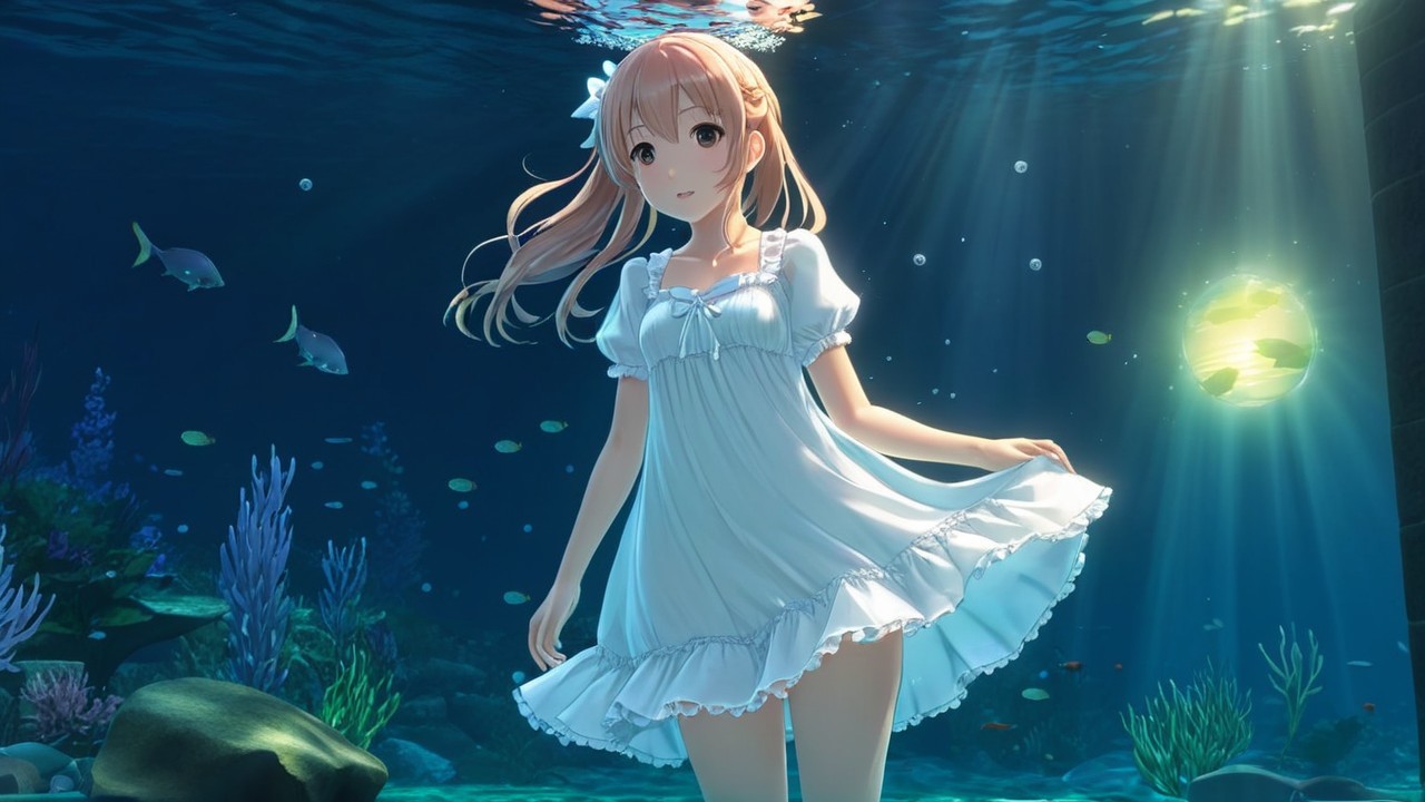 Underwater Scene with Girl in White Dress and Marine Life