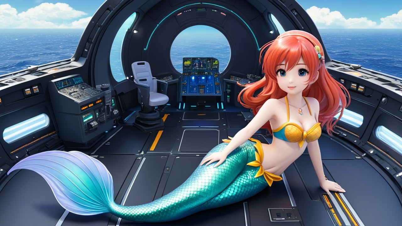 Futuristic Submarine Scene with Mermaid and Technology