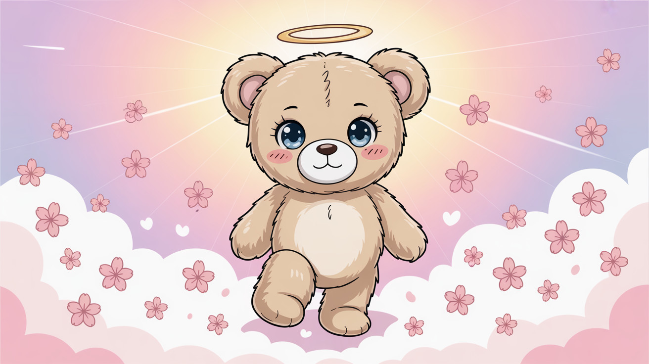 Cartoon Angelic Teddy Bear on Fluffy Clouds