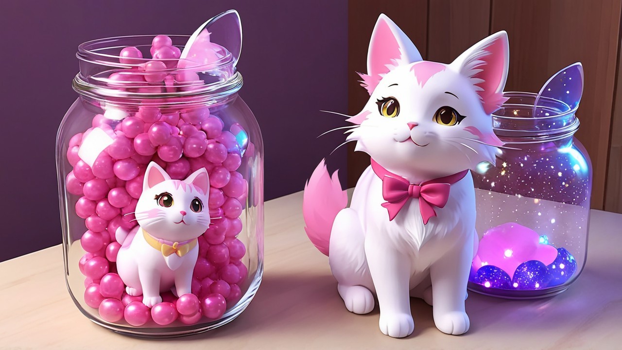 Whimsical Scene with White Cats and Colorful Orbs