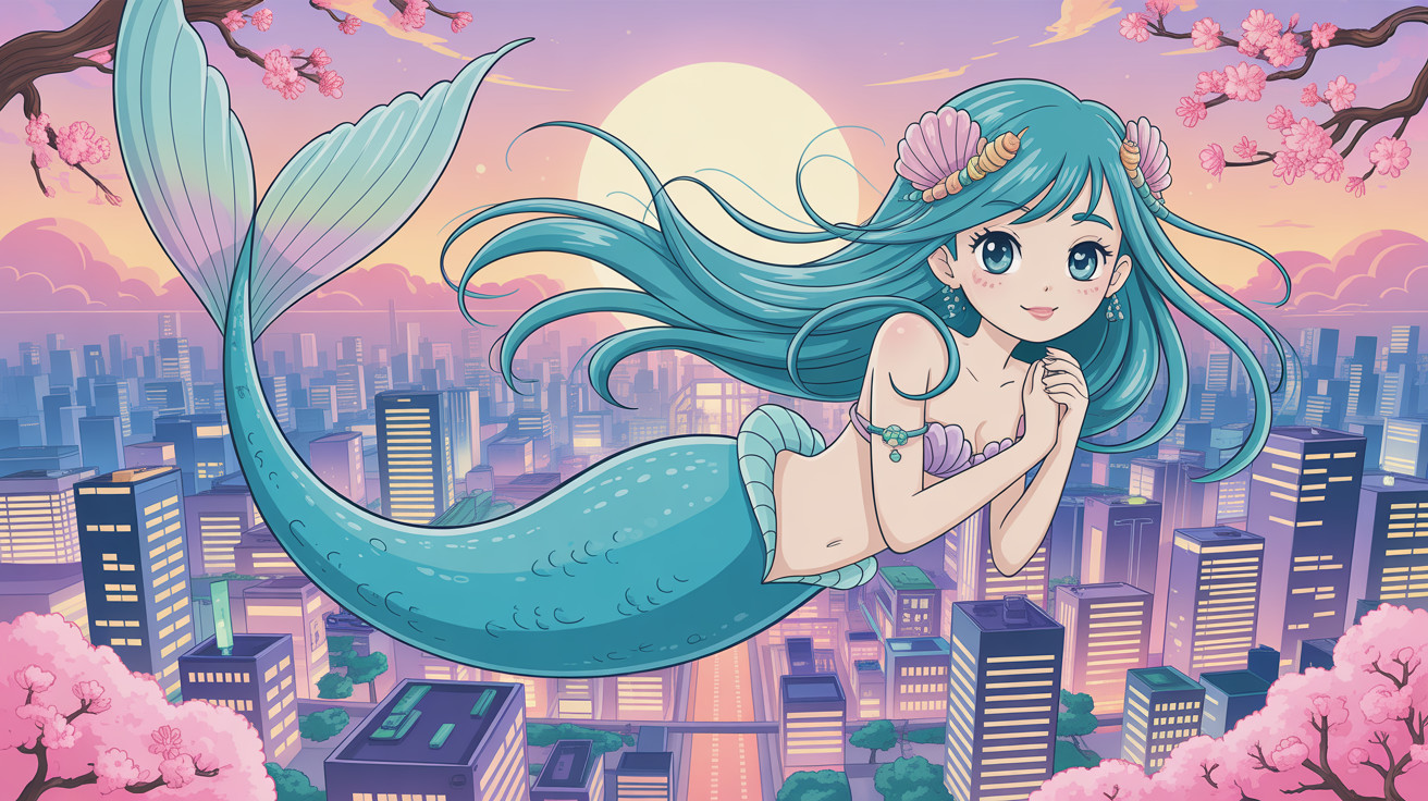 Anime Mermaid Flying Over City Under Full Moon