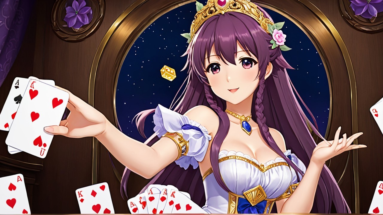 Elegant Character in Gown with Cards and Starry Sky