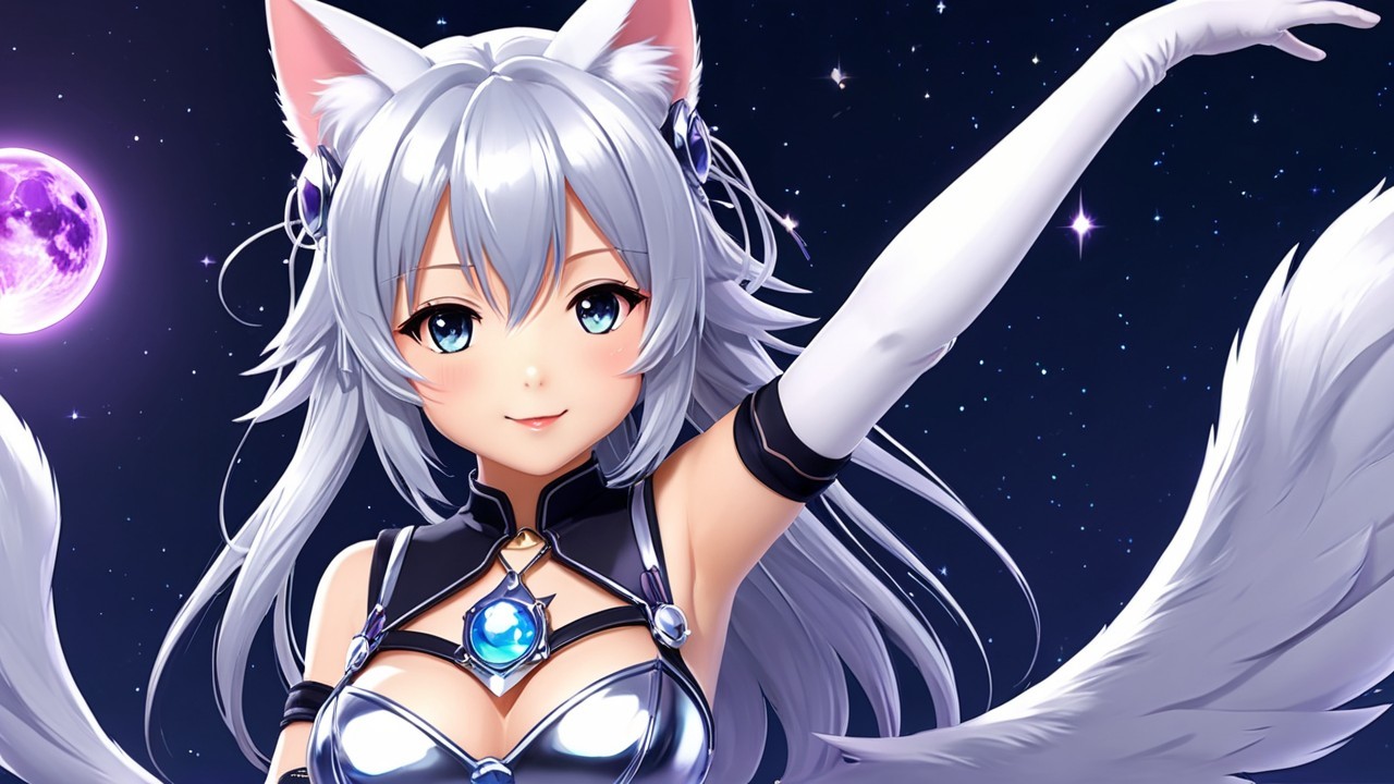 Stylized Character with Silver Hair and Cat Ears