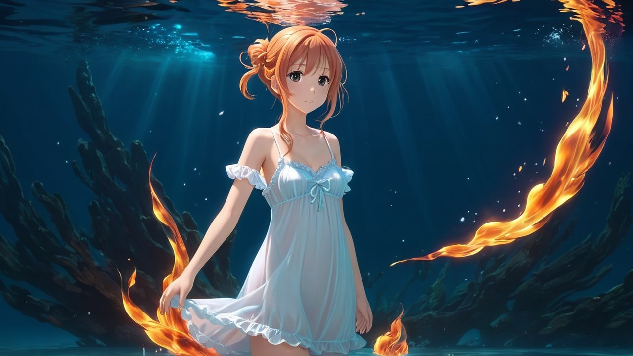 Underwater Scene with Young Girl in White Nightgown
