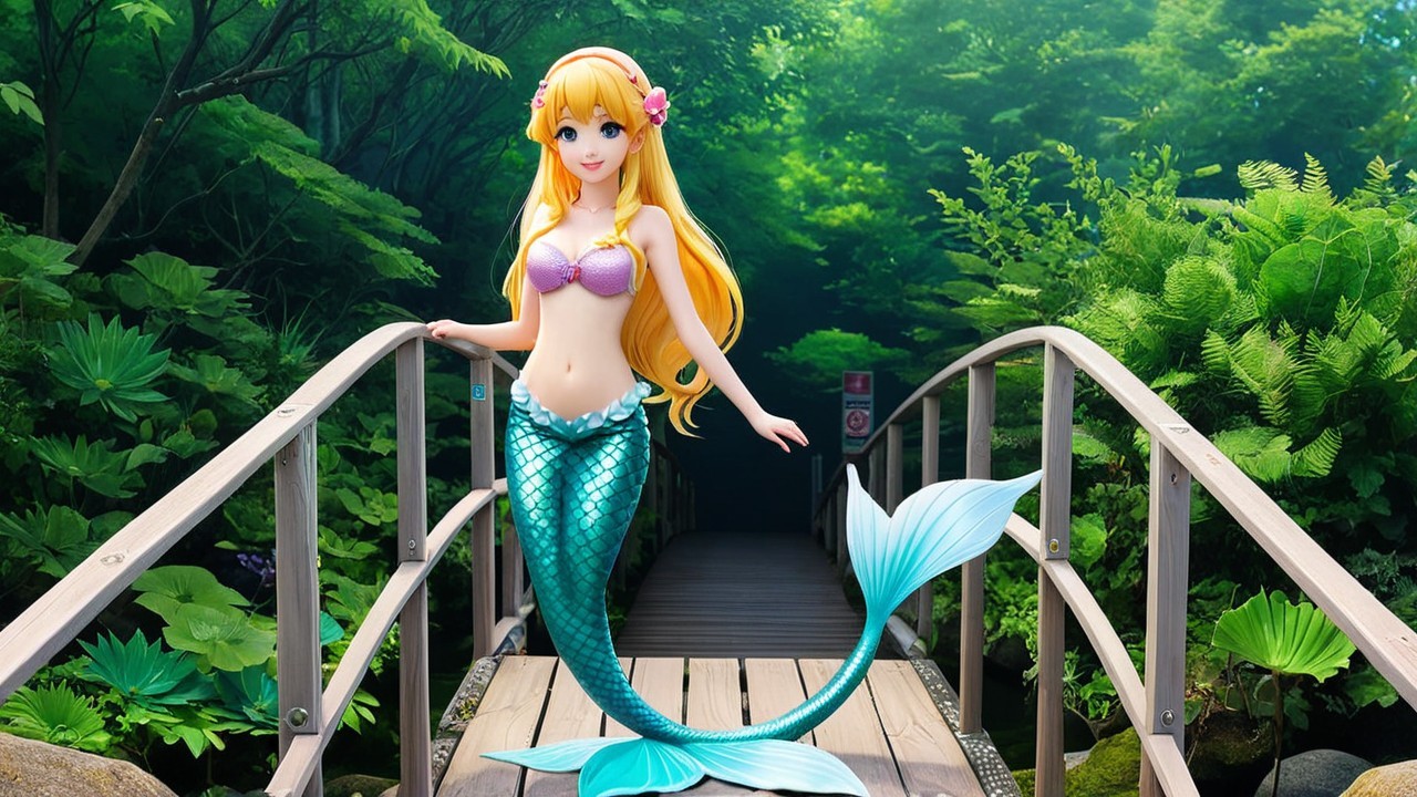 Vibrant Mermaid on a Bridge in Lush Greenery