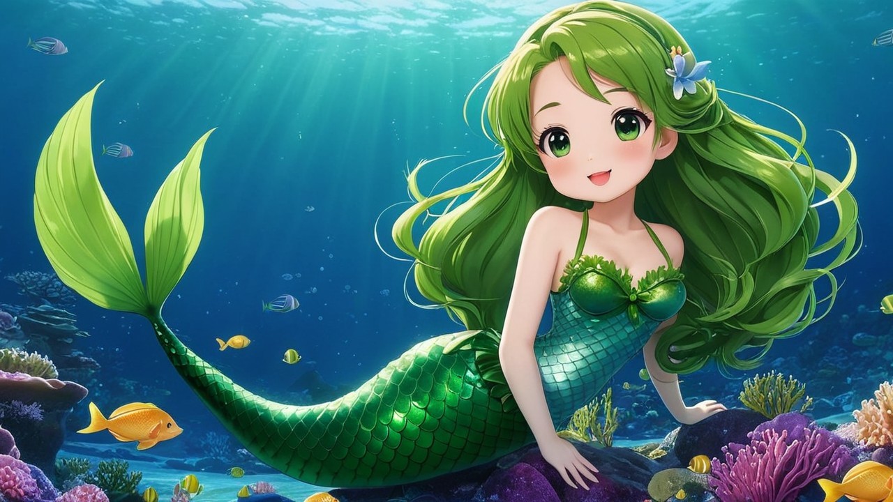 Cheerful Mermaid in Vibrant Underwater Scene