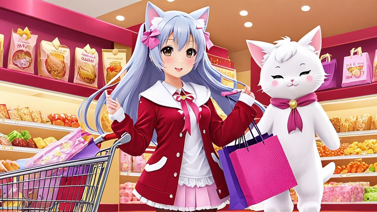 Cheerful Girl with Blue Hair in Colorful Grocery Store