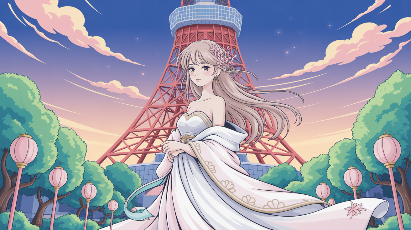 Anime Character in Elegant Dress with Tokyo Tower Background