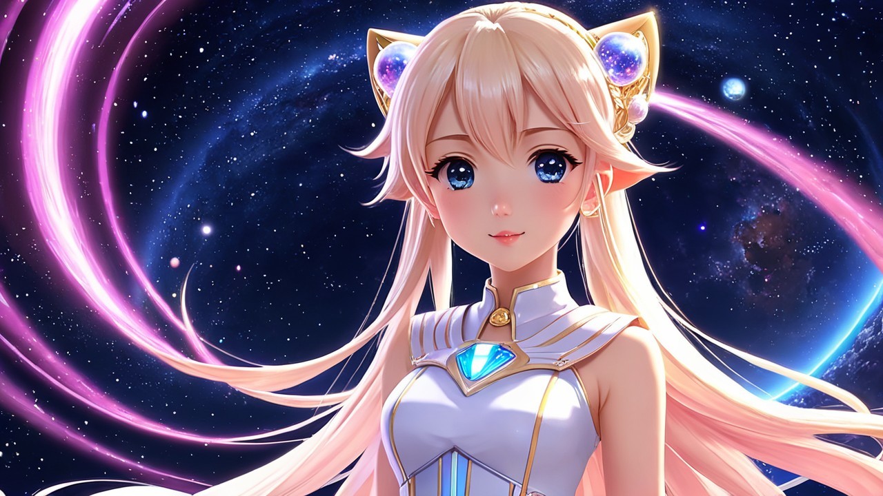 Anime Character with Blonde Hair and Cosmic Background