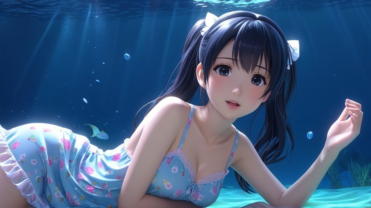 Young Woman in Floral Swimsuit Underwater Scene