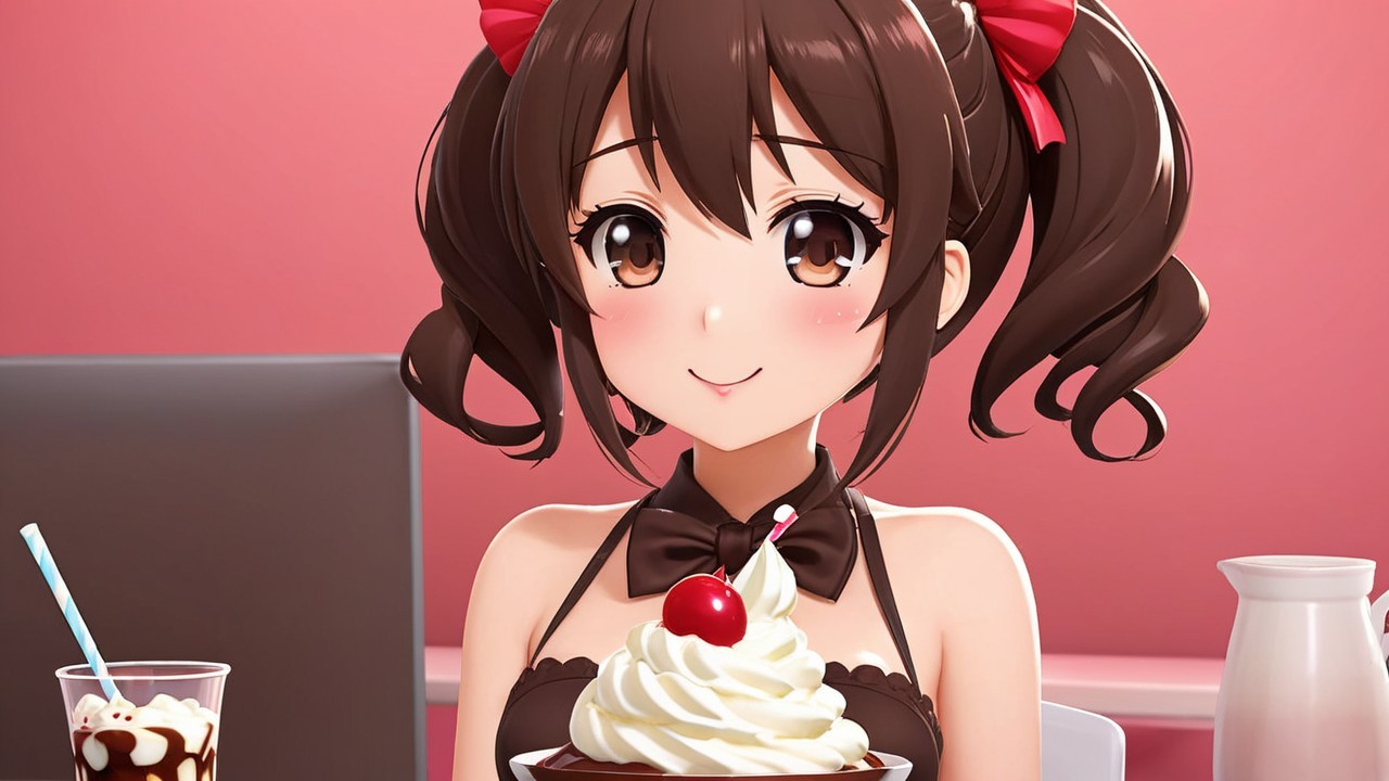 Cheerful girl with desserts in a playful pink setting