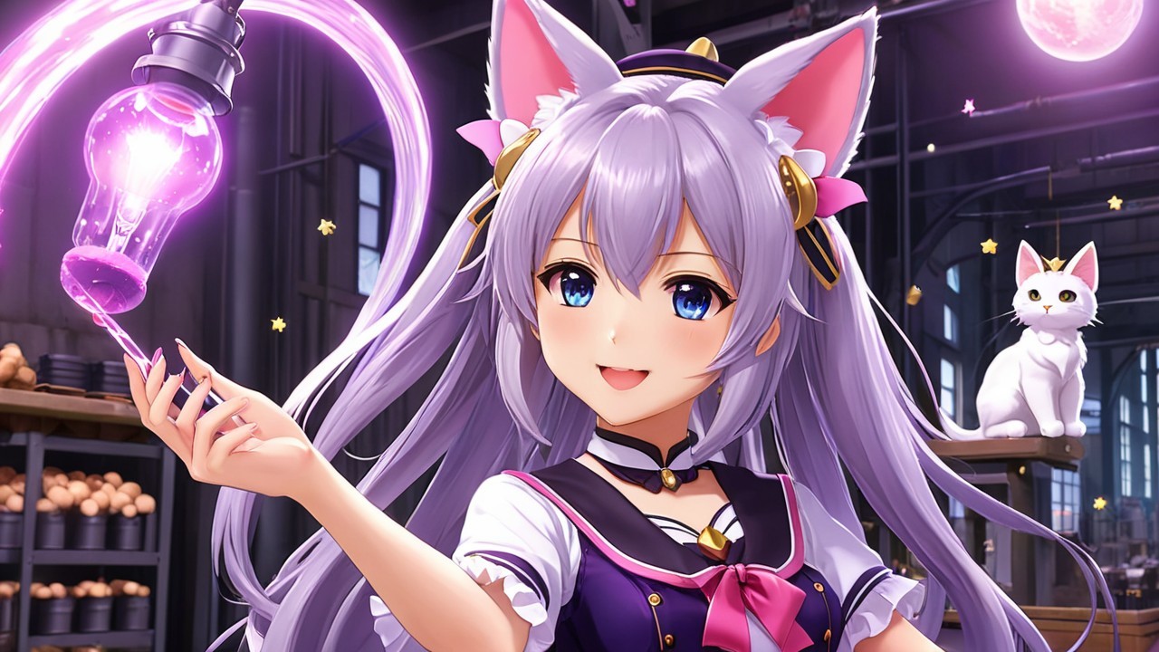 Cheerful character with lavender hair and potion in bakery
