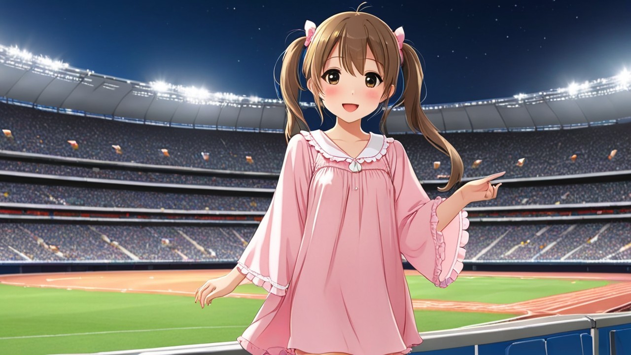 Cheerful anime character in vibrant night stadium