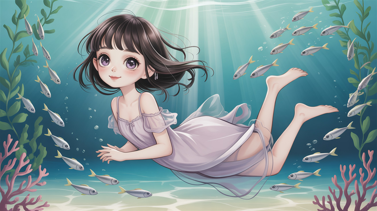Anime Style Illustration of a Girl Floating Underwater