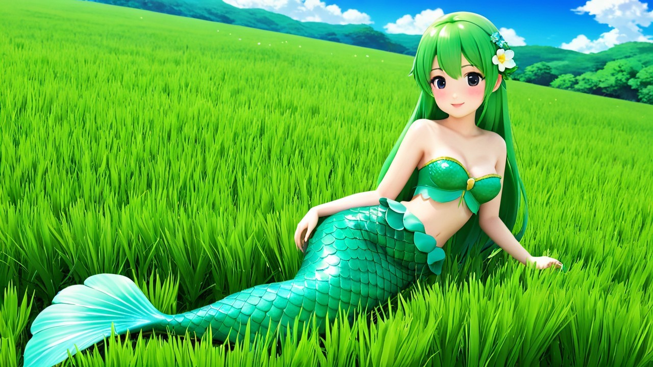 Vibrant Green-Haired Mermaid in Tranquil Landscape