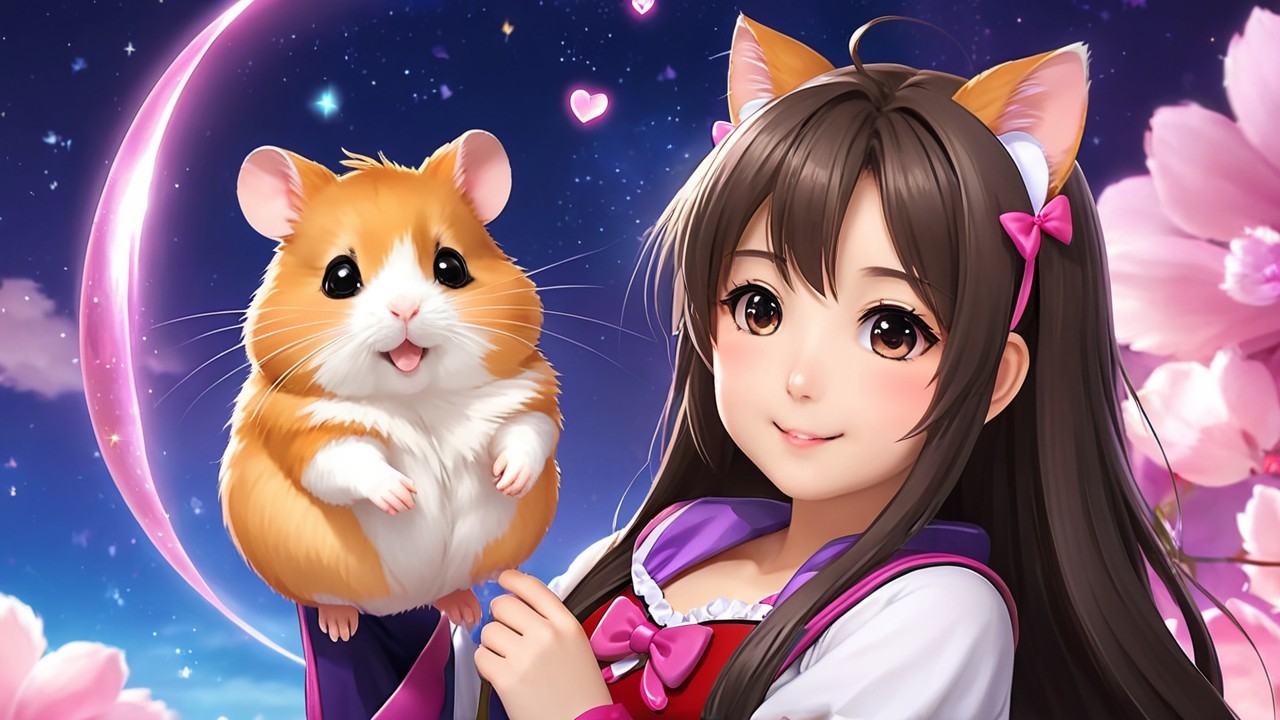 Cheerful girl with hamster in dreamy night sky scene