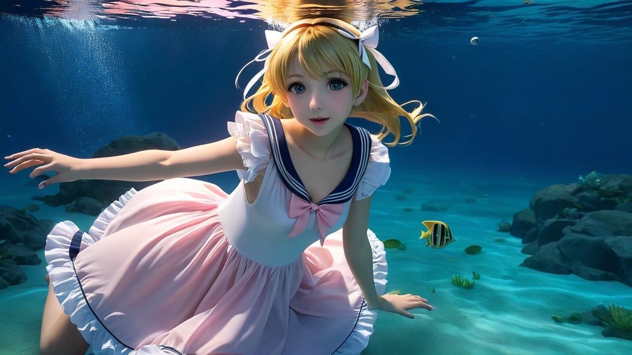 Young girl in pink dress swimming in coral reef