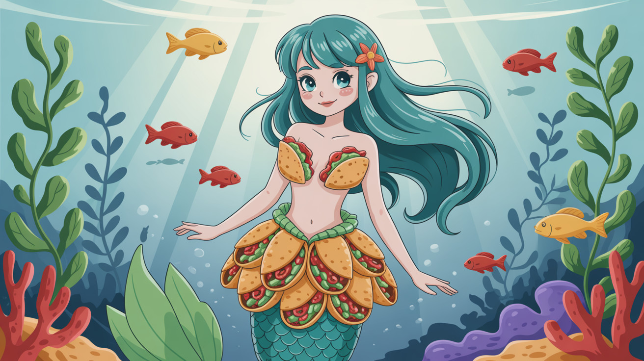 Underwater Cartoon Scene with Taco Outfit and Fish