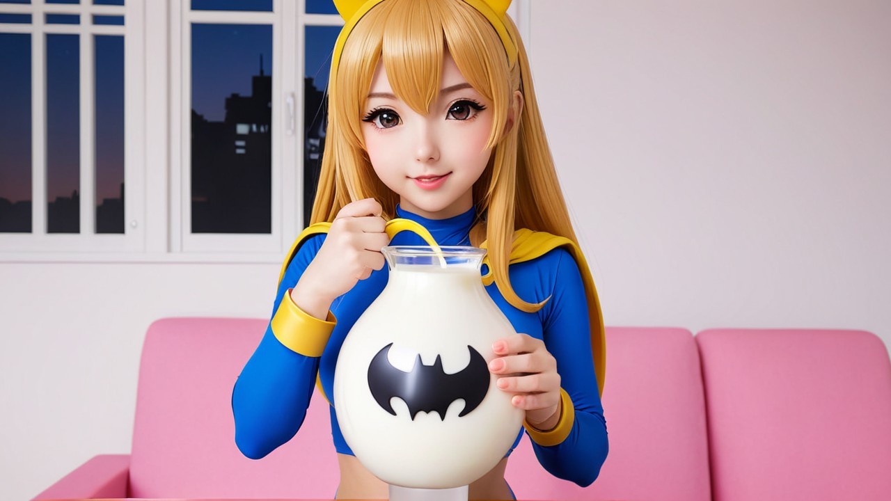 Blonde Superhero in Cozy Room with Milk Pitcher