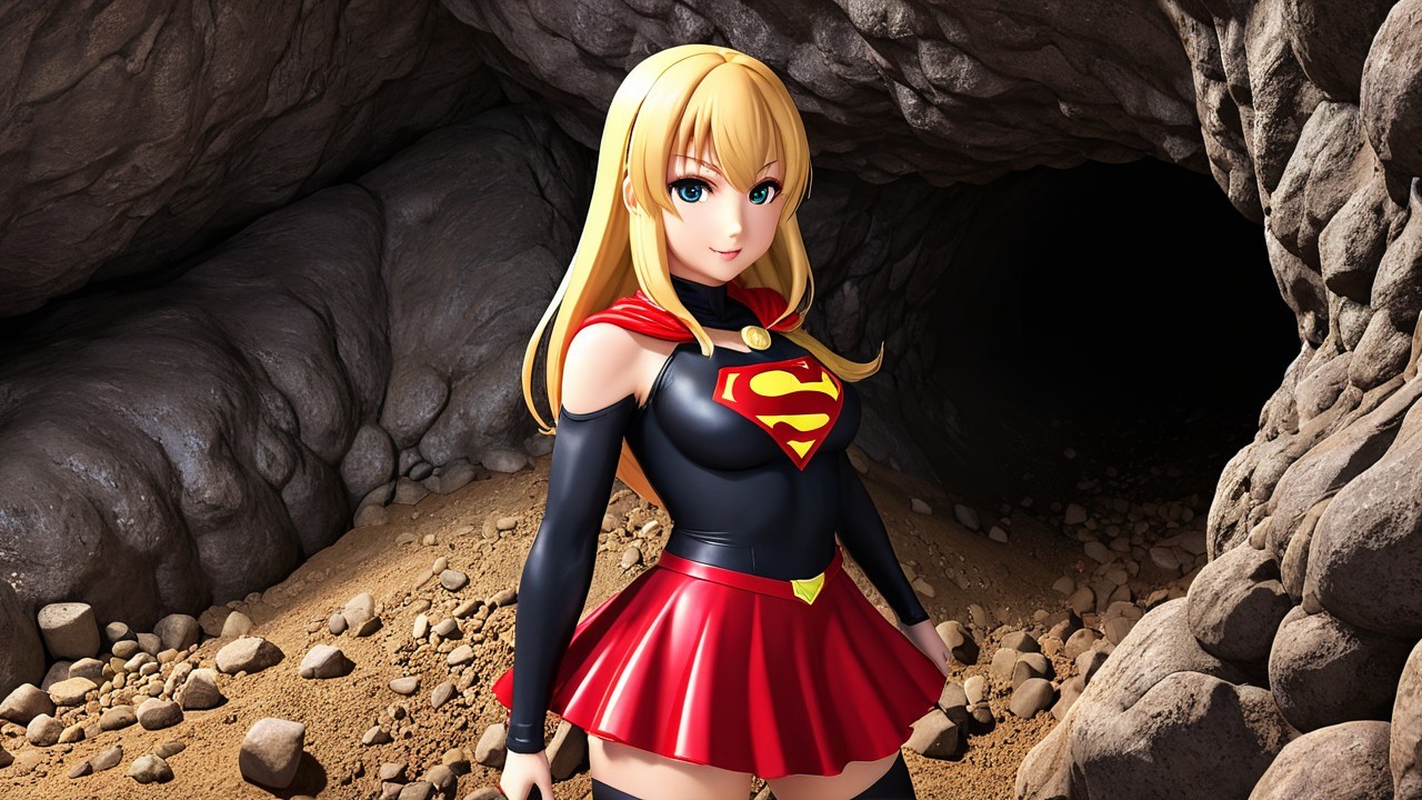 Stylized superhero character in a cave setting